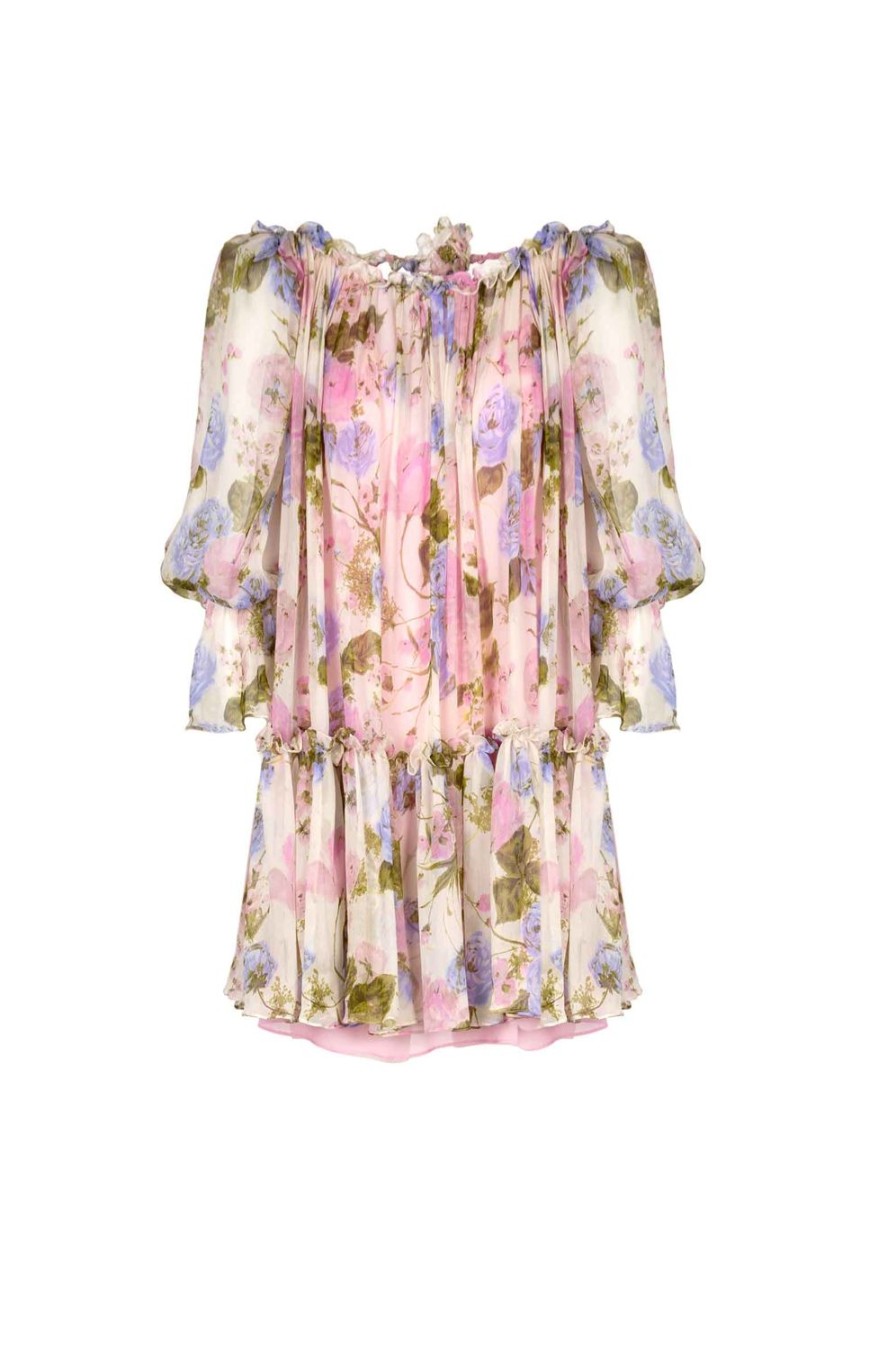 Dresses | Luisa Beccaria Floral Printed Chiffon Mini Dress With Balloon Sleeves