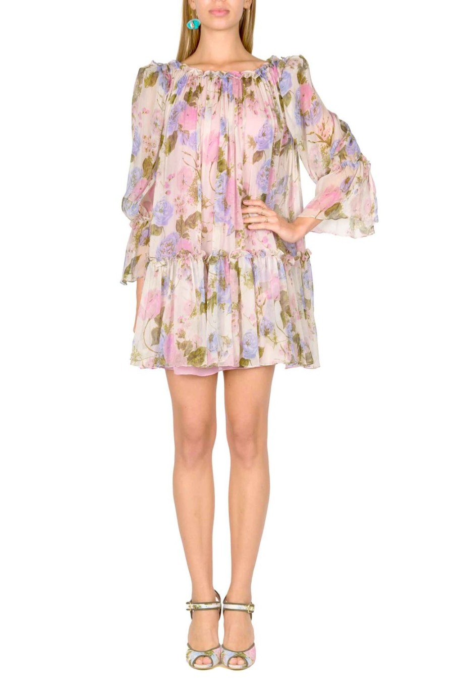 Dresses | Luisa Beccaria Floral Printed Chiffon Mini Dress With Balloon Sleeves