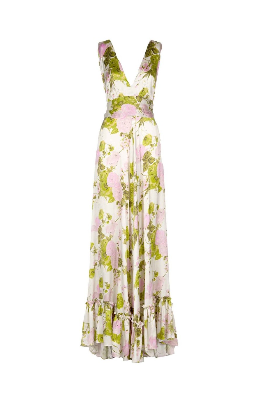 Dresses | Luisa Beccaria Blooming Roses Silk Long Dress With V Neckline