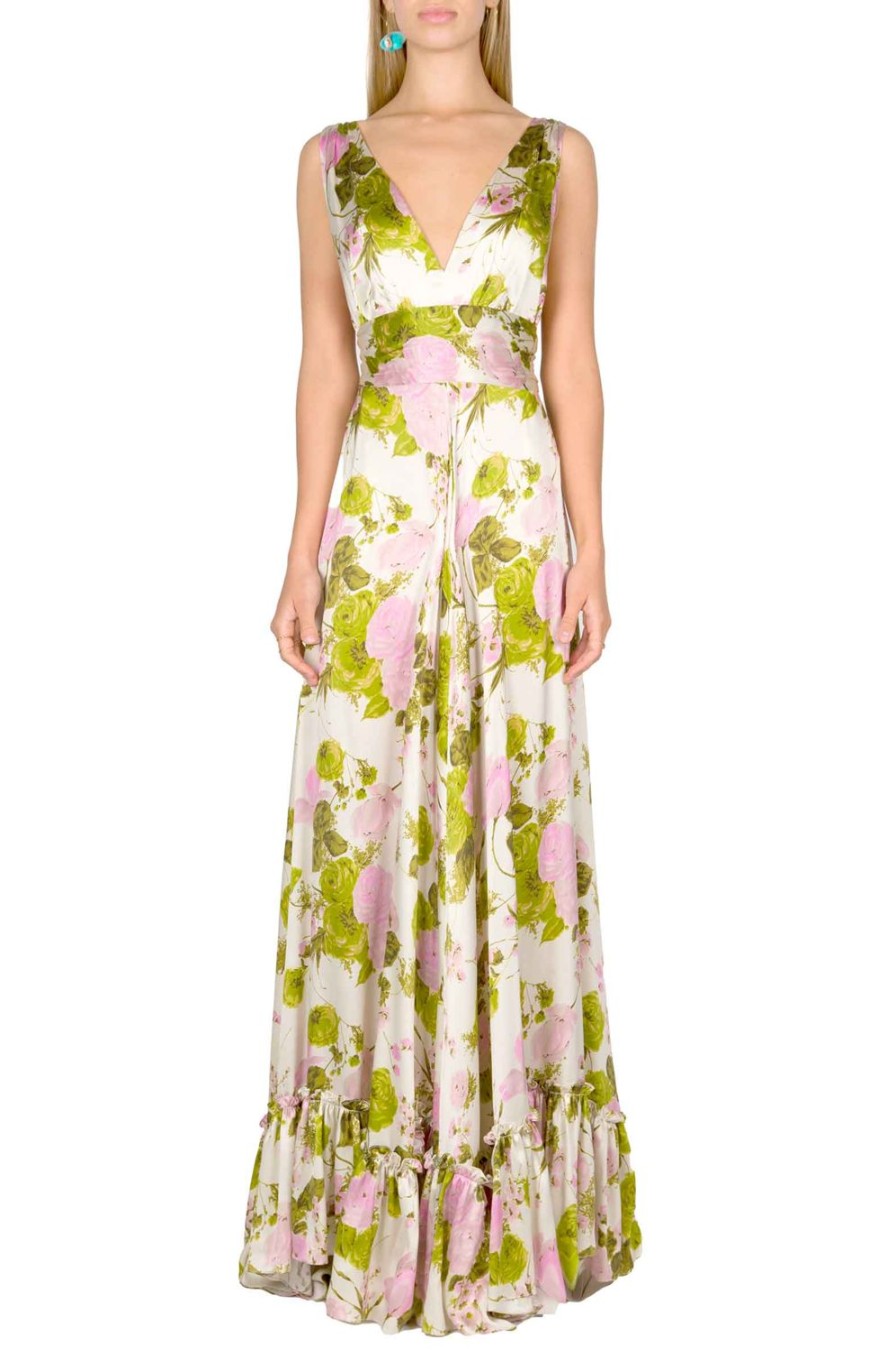 Dresses | Luisa Beccaria Blooming Roses Silk Long Dress With V Neckline