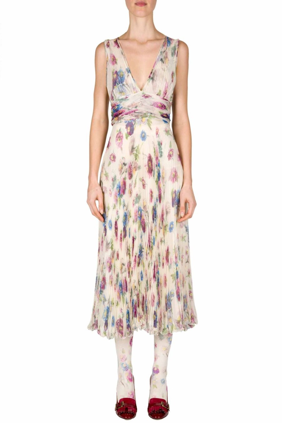 Dresses | Luisa Beccaria Pleated Macro Anemones Printed Chiffon Dress