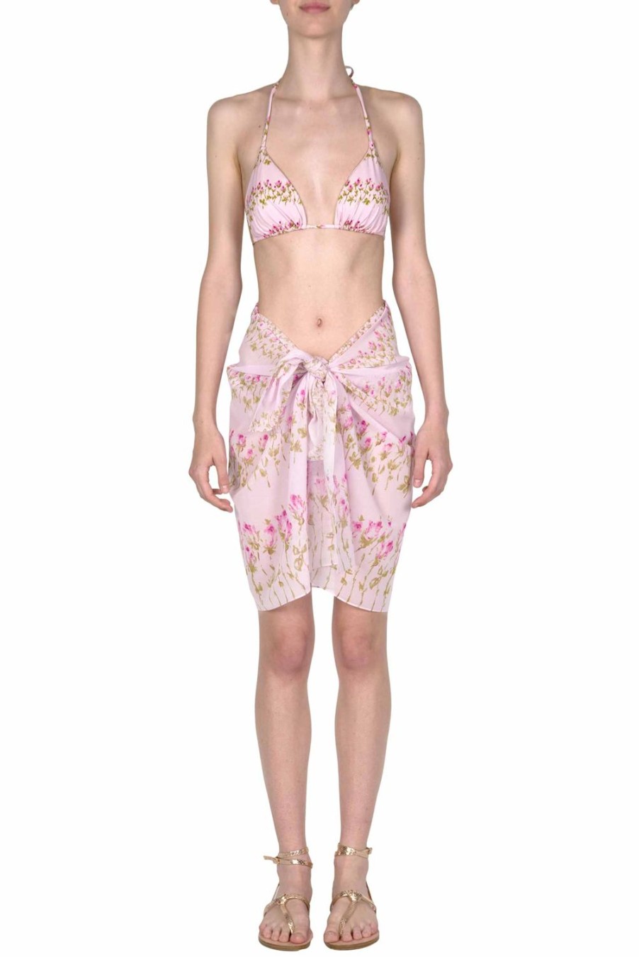 Swimwear | Luisa Beccaria Pink Flowery Striped Short Pareo