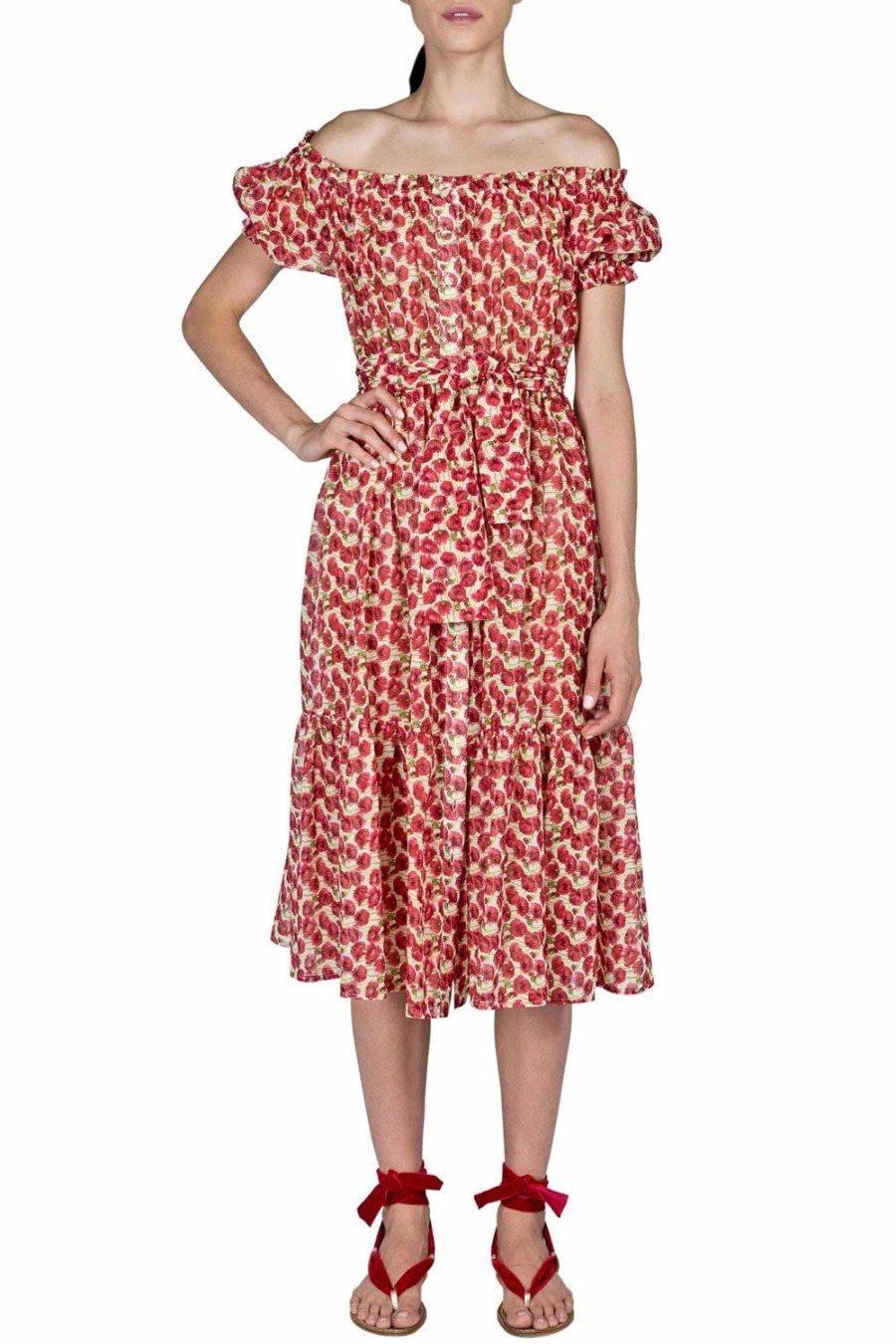 Dresses | Luisa Beccaria Midi Red Poppies Cotton Dress