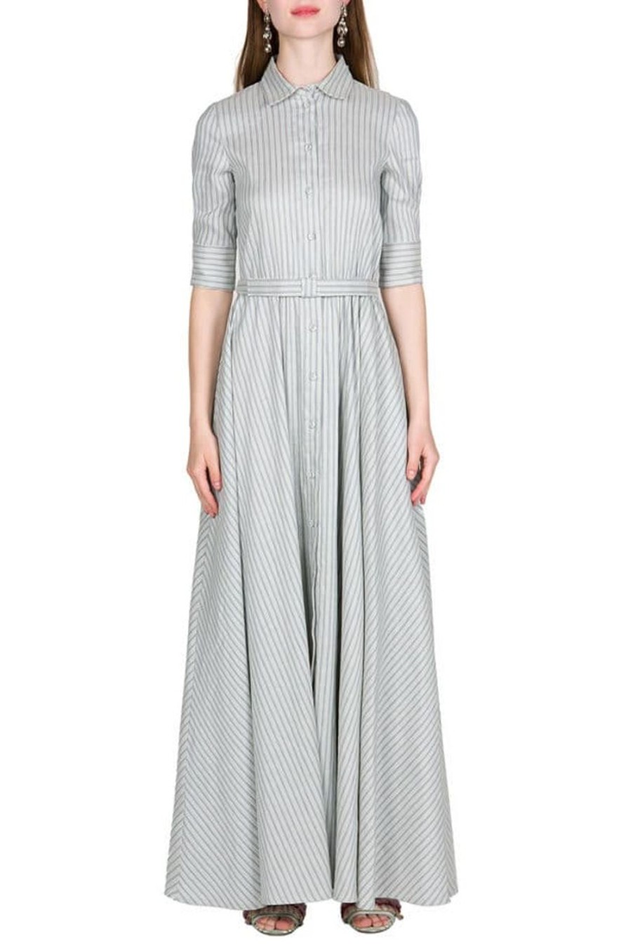 Dresses | Luisa Beccaria Striped Blue Three Quarter Sleeve Chemisier