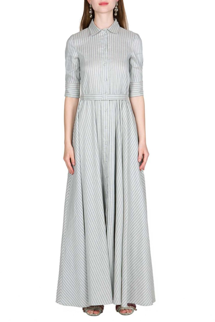 Dresses | Luisa Beccaria Striped Blue Three Quarter Sleeve Chemisier