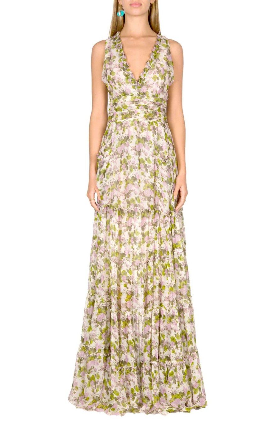 Dresses | Luisa Beccaria Blooming Roses Ruched Chiffon Long Dress