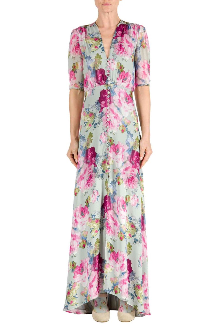 Dresses | Luisa Beccaria Floral Roses Print Bottoncino Crepe Dress