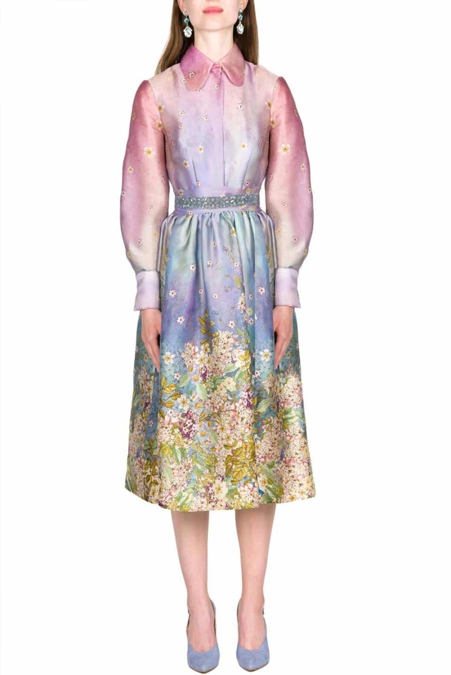 Dresses | Luisa Beccaria Floral Print Silk Organza Pussy Bow Dress