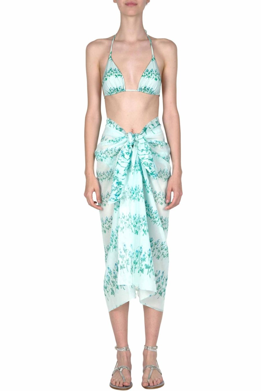 Swimwear | Luisa Beccaria Blue Flowery Striped Long Pareo