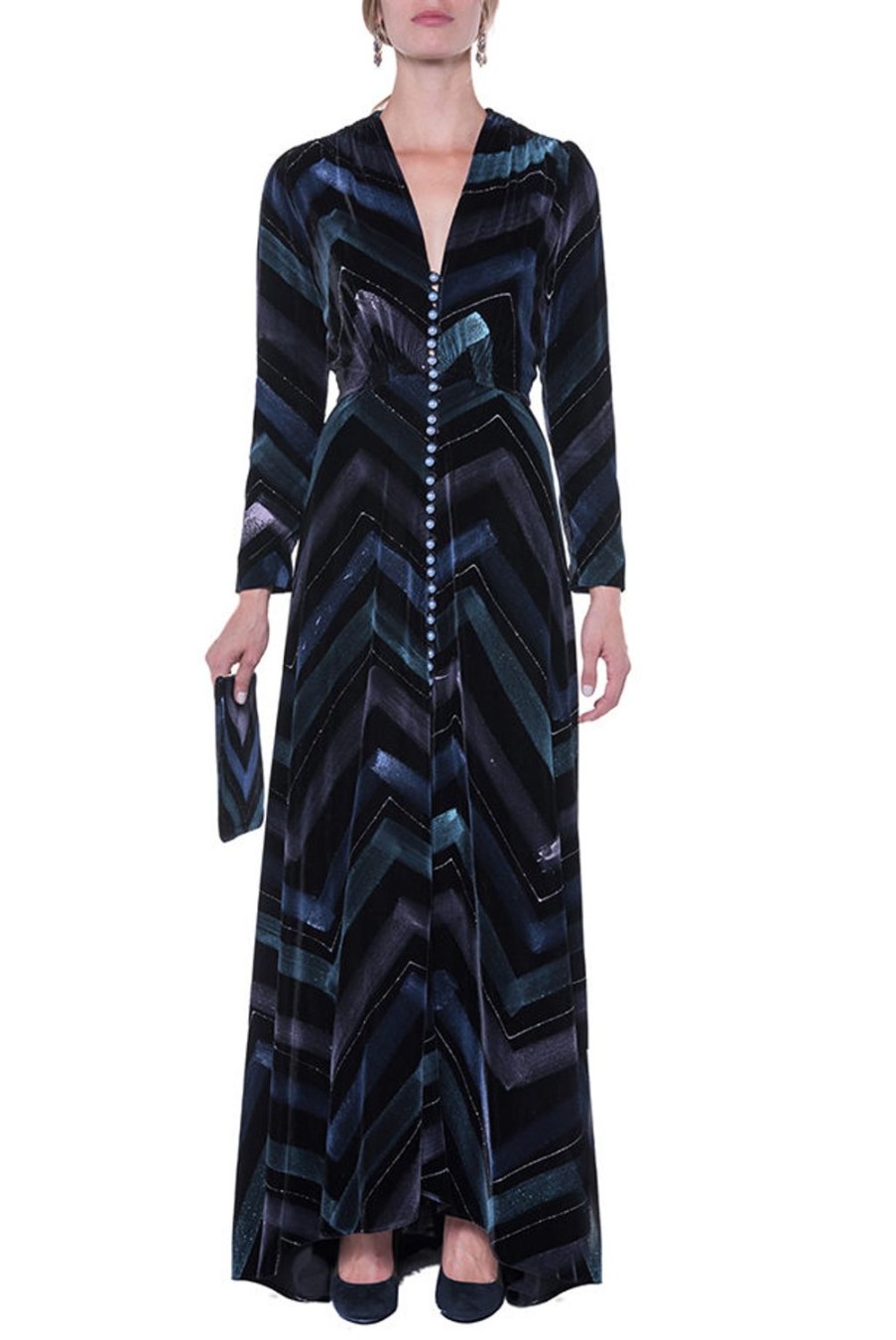 Dresses | Luisa Beccaria Velvet Chevron Bottoncino