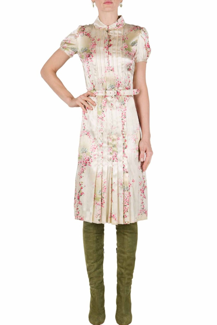 Dresses | Luisa Beccaria Stretch Satin Printed Circle Of Roses Pleated Dress