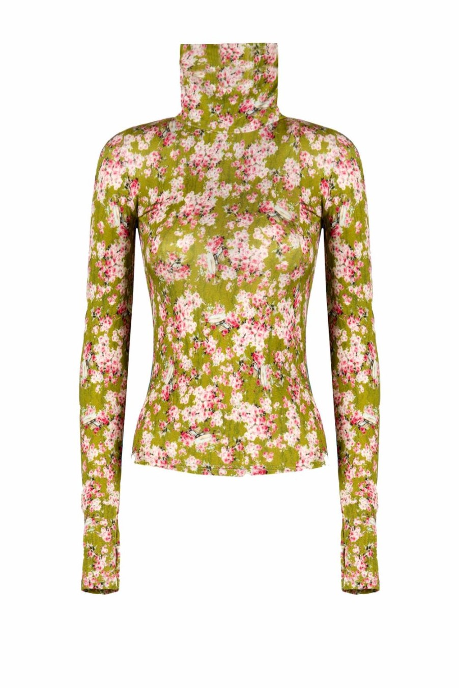 Tops & Blouses | Luisa Beccaria Green Printed Rose Buds Jersey Turtleneck