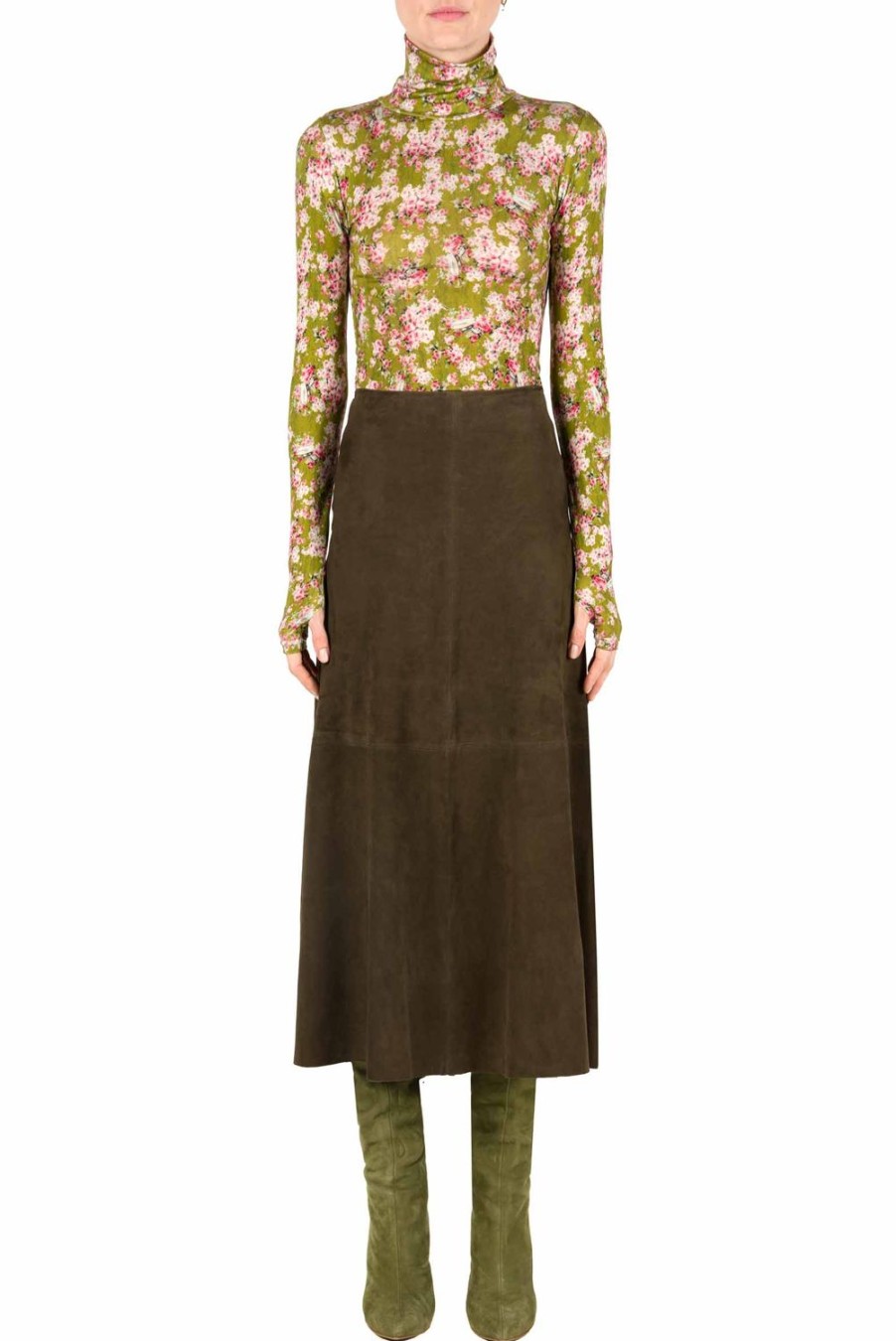 Tops & Blouses | Luisa Beccaria Green Printed Rose Buds Jersey Turtleneck