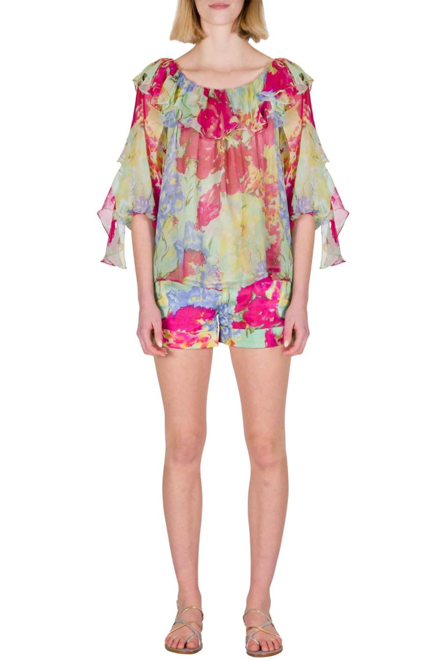 Tops & Blouses | Luisa Beccaria Chiffon Volant Blouse In Abstract Flowers