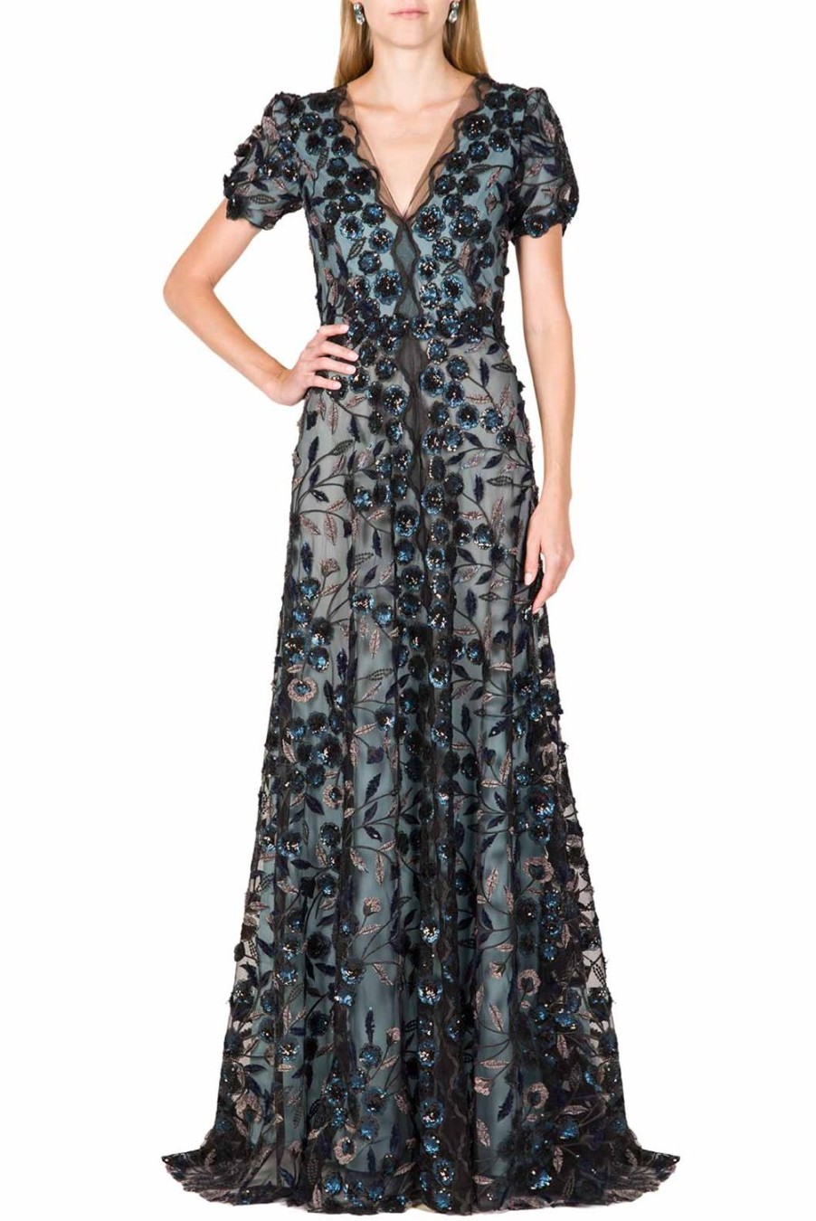 Dresses | Luisa Beccaria Sequin Embroidered Tulle V-Neck Gown