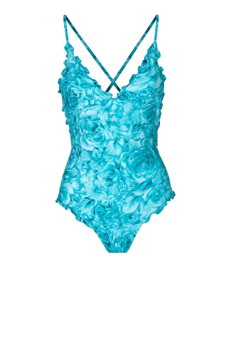 Swimwear | Luisa Beccaria One-Piece Swimsuit V Neckline Turquoise Roses