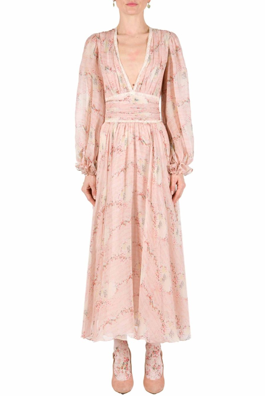 Dresses | Luisa Beccaria Chiffon Lace Circle Of Roses Printed Dress