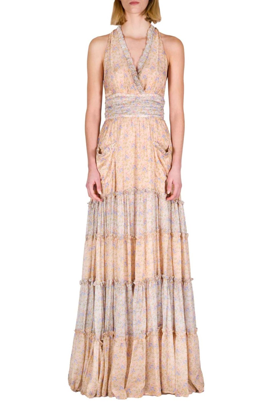 Dresses | Luisa Beccaria Blooming Mirage Ruched Chiffon Long Dress