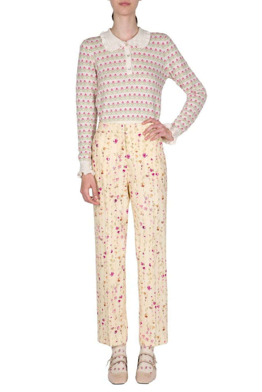 Trousers & Shorts | Luisa Beccaria Flower Garland Cigarette Woolen Pants