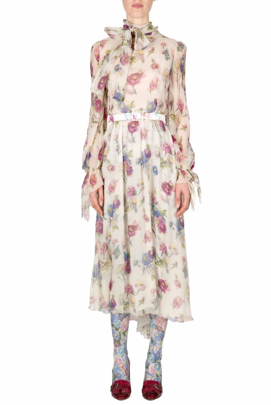 Dresses | Luisa Beccaria Chiffon Macro Anemones Dress With Sash