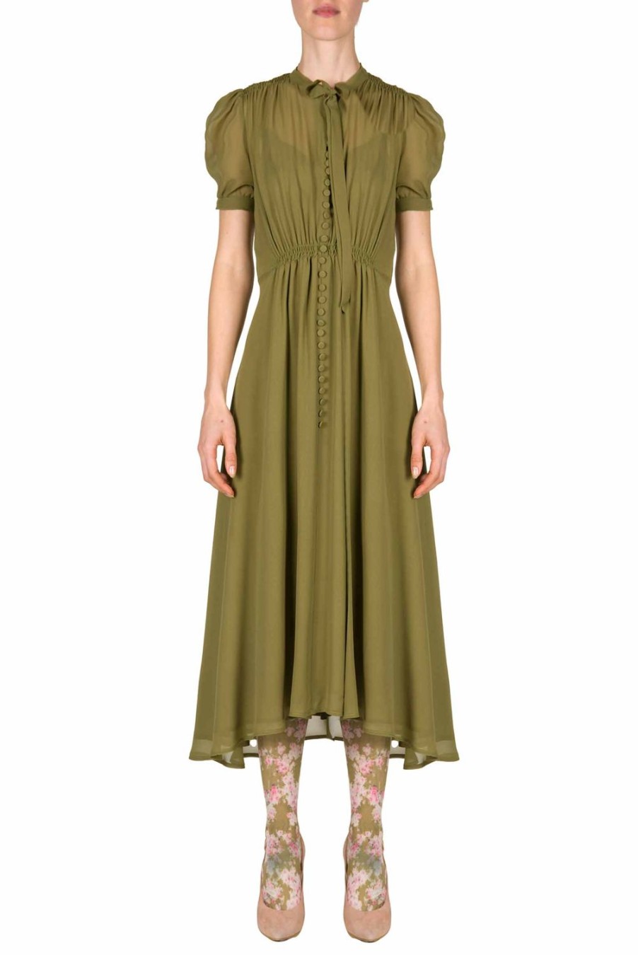 Dresses | Luisa Beccaria Bottoncino Dress In Green Georgette