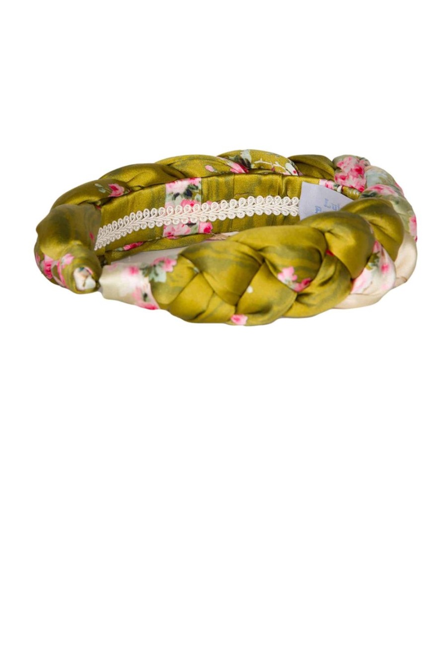 Headband | Luisa Beccaria Green Shiny Satin Roses Buds Braided Power Hairband