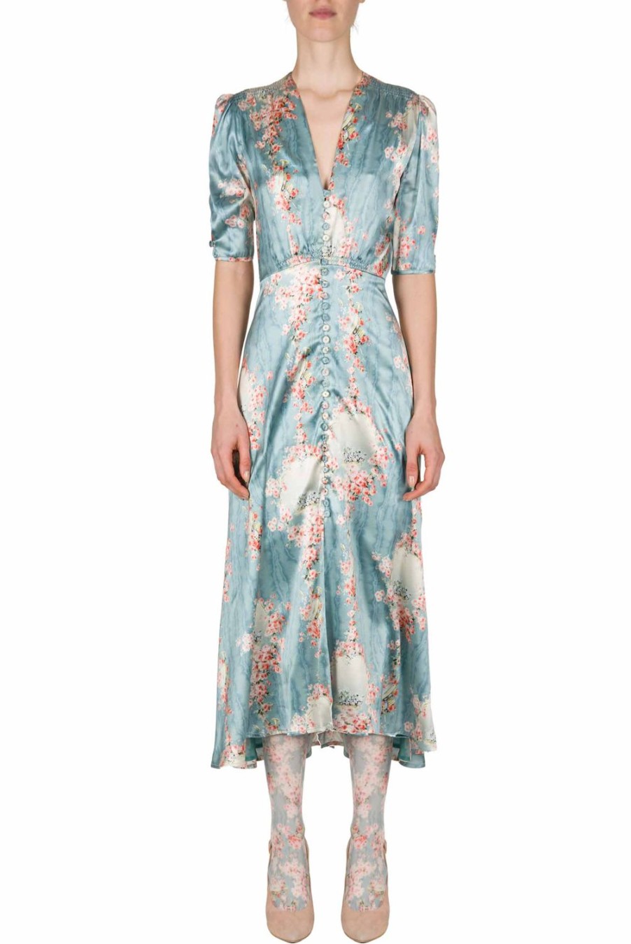 Dresses | Luisa Beccaria Satin Circle Of Roses Bottoncino Dress