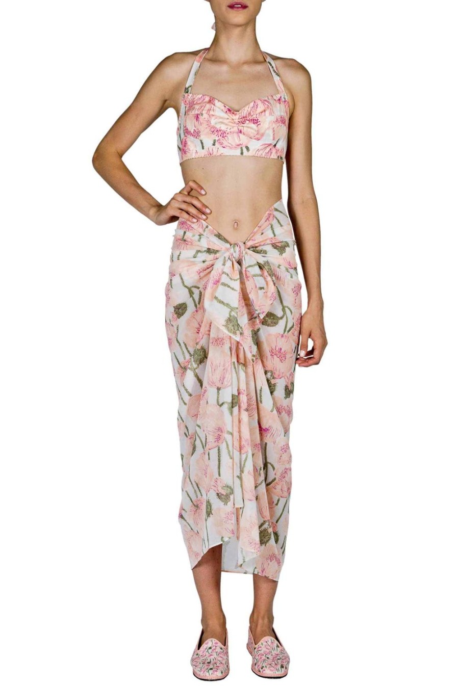 Swimwear | Luisa Beccaria Macro Pink Poppies Printed Long Pareo